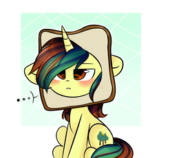 Size: 2639x2429 | Tagged: safe, artist:thieftea, oc, oc only, oc:northern spring, pony, unicorn, ..., blushing, bread, bread head, cat breading, female, food, freckles, high res, simple background, sitting, solo, unamused