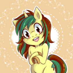 Size: 1654x1654 | Tagged: safe, artist:mnkrm, oc, oc only, oc:northern spring, pony, unicorn, abstract background, female, freckles, hoof on chest, looking at you, open mouth, pointing, simple background, smiling, solo