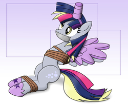 Size: 1400x1150 | Tagged: safe, artist:nivek15, derpy hooves, alicorn, pegasus, pony, alicorn costume, arm behind back, bondage, bound and gagged, clothes, cosplay, costume, fake horn, fake wings, female, gag, mare, nightmare night costume, rope, rope bondage, solo, tape gag, tied up, toilet paper roll, toilet paper roll horn, twilight muffins, twilight sparkle costume, wig