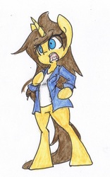 Size: 755x1207 | Tagged: safe, artist:spheedc, oc, oc only, oc:dream chaser, unicorn, anthro, semi-anthro, unguligrade anthro, arm hooves, breasts, clothes, female, jacket, mare, rule 63, simple background, solo, traditional art, white background