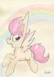 Size: 692x990 | Tagged: safe, artist:slightlyshade, scootaloo, pegasus, pony, g4, chest fluff, female, filly, flying, looking at you, open mouth, rainbow, scootaloo can fly, solo, spread wings, traditional art, watercolor painting, wings