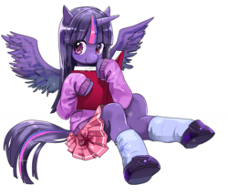 Size: 1387x1193 | Tagged: safe, artist:quizia, twilight sparkle, alicorn, semi-anthro, g4, adorkable, book, clothes, cute, dork, female, horn, pleated skirt, pony ears, shoes, simple background, sitting, skirt, smiling, socks, solo, sweater, twiabetes, twilight sparkle (alicorn), white background, wings