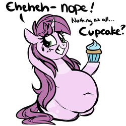 Size: 2000x2000 | Tagged: safe, artist:mulberrytarthorse, oc, oc only, oc:mulberry tart, pony, unicorn, belly, belly button, big belly, cupcake, fat, female, fetish, food, grin, high res, implied vore, mare, nervous, nervous smile, obese, simple background, smiling, solo, vore, white background