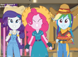 Size: 491x360 | Tagged: safe, screencap, pinkie pie, rainbow dash, rarity, equestria girls, equestria girls series, five to nine, g4, animated, barn, boots, bracelet, clothes, country, cowboy hat, cowgirl, cowgirl outfit, cute, dancing, dancity, dashabetes, diapinkes, dress, eyes closed, farmer pinkie, female, gif, grin, hat, jacket, jewelry, overalls, pants, raribetes, shoes, smiling, squee, stetson, trio, trio female
