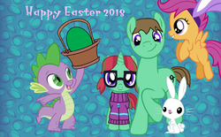 Size: 1356x841 | Tagged: safe, artist:ianpony98, edit, angel bunny, scootaloo, spike, oc, oc:ian, oc:straight a's, dragon, earth pony, pegasus, pony, rabbit, unicorn, g4, 2018, animal, basket, bunny ears, clothes, earth pony oc, easter, easter egg, glasses, holiday, horn, parent:oc:ian, sweater, unicorn oc