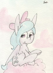 Size: 696x956 | Tagged: safe, artist:slightlyshade, flitter, pegasus, pony, g4, bow, cloud, female, hair bow, mare, solo, traditional art