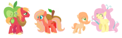 Size: 1841x571 | Tagged: safe, artist:themisslittledevil, big macintosh, fluttershy, oc, oc:abigail, oc:apple spice, earth pony, pegasus, pony, g4, alternate hairstyle, base used, blank flank, colored pupils, cutie mark, family, female, filly, male, mare, offspring, parent:big macintosh, parent:fluttershy, parents:fluttermac, ponytail, ship:fluttermac, shipping, simple background, straight, transparent background, unshorn fetlocks
