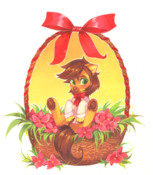 Size: 1768x2018 | Tagged: safe, artist:lispp, oc, oc only, oc:calpain, earth pony, pony, basket, bow, bowtie, easter, easter basket, flower, holiday, marker drawing, pony in a basket, solo, traditional art, underhoof, ych result