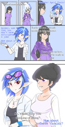 Size: 414x810 | Tagged: safe, artist:jonfawkes, dj pon-3, octavia melody, vinyl scratch, human, g4, april fools, breasts, bucket, bucket of water, busty octavia melody, busty vinyl scratch, cleavage, dialogue, elf ears, english, female, humanized, lesbian, ship:scratchtavia, shipping, wet clothes, wet hair