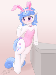 Size: 1024x1365 | Tagged: safe, artist:novaintellus, oc, oc only, oc:melodia, pony, semi-anthro, blushing, bunny ears, bunny suit, clothes, cute, female, leotard, mare, shy, solo