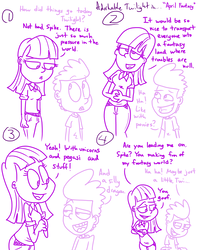 Size: 1280x1611 | Tagged: safe, artist:adorkabletwilightandfriends, spike, twilight sparkle, human, comic:adorkable twilight and friends, g4, adorkable twilight, april fools, clothes, comic, female, humanized, humor, lineart, male, parody, slice of life