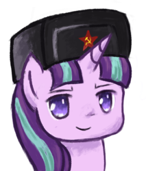 Size: 1340x1571 | Tagged: safe, artist:sycreon, derpibooru exclusive, starlight glimmer, pony, unicorn, g4, april fools, april fools 2018, april fools joke, bust, female, glimmerbooru, glimmerbooru exclusive, hat, joke, looking at you, mare, portrait, simple background, smiling, smirk, solo, soviet union, stalin glimmer, transparent background, ushanka
