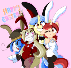 Size: 4000x3800 | Tagged: safe, artist:fullmetalpikmin, oc, oc:cherry blossom, oc:mal, oc:poppy seed, oc:viewing pleasure, tumblr:ask viewing pleasure, blush sticker, blushing, bunny suit, clothes, easter, holiday