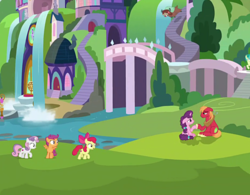 Size: 928x725 | Tagged: safe, screencap, apple bloom, big macintosh, sandbar, scootaloo, sugar belle, sweetie belle, yona, earth pony, pegasus, pony, unicorn, yak, g4, season 8, cutie mark crusaders, female, intro, male, school of friendship, ship:sugarmac, shipping, stallion, straight, twilight's castle, water