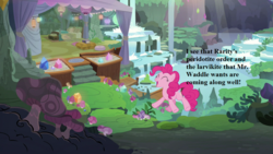 Size: 1280x720 | Tagged: safe, edit, edited screencap, editor:korora, screencap, pinkie pie, g4, the maud couple, crystal, implied mr. waddle, implied rarity, maud's cave, text, waterfall