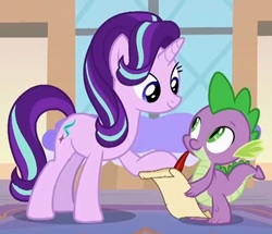 Size: 774x666 | Tagged: safe, screencap, spike, starlight glimmer, g4, school daze, cropped, duo, quill, scroll