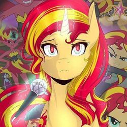 Size: 515x515 | Tagged: safe, sunset shimmer, unicorn, equestria girls, g4, my little pony equestria girls, my little pony equestria girls: rainbow rocks, my past is not today, big crown thingy, collage, glowing horn, horn, jewelry, magic, microphone, multeity, regalia, shimmerstorm, sunset satan, telekinesis, zoom layer