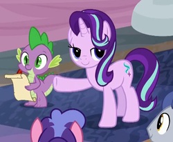 Size: 810x666 | Tagged: safe, screencap, spike, starlight glimmer, dragon, pony, unicorn, g4, school daze, cropped, female, lidded eyes, male, mare, out of context, parchment, quill, stallion