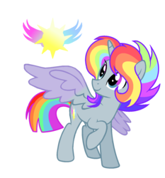 Size: 1176x1264 | Tagged: safe, artist:rainbows-skies, oc, oc only, oc:colour sunwings, alicorn, pegasus, pony, alicorn oc, colored wings, female, mare, rainbow hair, raised hoof, simple background, solo, transparent background