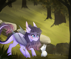 Size: 2000x1650 | Tagged: safe, artist:skimea, oc, oc only, oc:eve, bat pony, pony, rabbit, female, mare, solo, tree