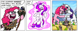 Size: 934x368 | Tagged: safe, artist:gingerfoxy, pinkie pie, rarity, earth pony, pony, unicorn, pony comic generator, g4, comic, duo, fight, giant pony, growth, macro, magic, magic 8 ball, magic staff, ponyville, ponyville town hall, simple background, skull, speech bubble, spell, staff, white background