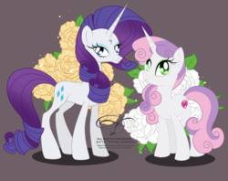Size: 1386x1100 | Tagged: safe, artist:tiffanymarsou, rarity, sweetie belle, pony, unicorn, g4, alternate design, concave belly, female, flower, height difference, looking at you, older, older rarity, older sweetie belle, physique difference, sisters, slender, thin