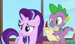 Size: 1692x996 | Tagged: safe, screencap, spike, starlight glimmer, g4, school daze, discovery family logo, quill, raised eyebrow, scroll, worried