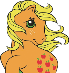 Size: 363x381 | Tagged: safe, applejack (g1), earth pony, pony, g1, official, female, mare, simple background, solo, transparent background, windswept mane