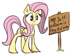 Size: 1280x969 | Tagged: safe, artist:lilboulder, fluttershy, pegasus, pony, g4, april fools, female, folded wings, looking at you, mare, road sign, self deprecation, sign, simple background, smiling, solo, text, white background