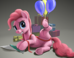 Size: 2141x1673 | Tagged: safe, artist:odooee, pinkie pie, earth pony, pony, g4, balloon, box, female, grin, looking at you, mare, on side, present, ribbon, smiling, solo, underhoof