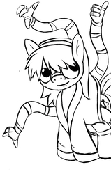 Size: 1261x1981 | Tagged: safe, artist:parassaux, oc, oc:gadgette fabienne giroux, earth pony, pony, fanfic:the iron horse: everything's better with robots, clothes, fanfic, fanfic art, glasses, headband, lineart, mechanical hands, sketch, smiling