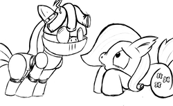 Size: 1987x1218 | Tagged: safe, artist:parassaux, fluttershy, oc, oc:turing test, pegasus, pony, robot, fanfic:the iron horse: everything's better with robots, g4, fanfic, fanfic art, lineart, scared, sketch