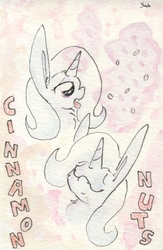 Size: 688x1057 | Tagged: safe, artist:slightlyshade, trixie, pony, unicorn, g4, bust, cinnamon nuts, eyes closed, female, food, horn, magic, mare, portrait, profile, solo, telekinesis, tongue out, traditional art, watercolor painting