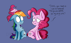 Size: 1518x918 | Tagged: safe, artist:drawbauchery, pinkie pie, rainbow dash, earth pony, pegasus, pony, g4, concerned, dialogue, drugs, looking at each other, sad, simple background, sitting, surprised, watermark, wide eyes