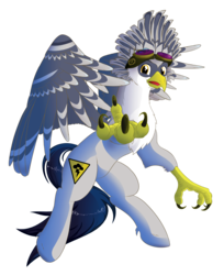Size: 2200x2692 | Tagged: safe, artist:stec-corduroyroad, oc, oc only, oc:gigawatt, classical hippogriff, hippogriff, blue, claws, cutie mark, flying, goggles, gray, high res, looking at you, male, simple background, smiling, solo, transparent background, wings