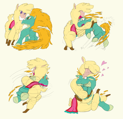 Size: 4176x4032 | Tagged: safe, artist:firefanatic, paprika (tfh), tianhuo (tfh), alpaca, dragon, hybrid, longma, them's fightin' herds, absurd resolution, chest fluff, comic, community related, cuddling, cute, fluffy, hape, heart, hug, menace