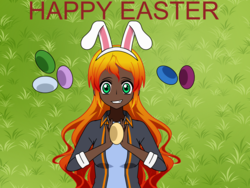 Size: 2000x1500 | Tagged: safe, artist:icicle-nicicle-1517 kisekae, sunset shimmer, human, g4, alternate hairstyle, bunny ears, cute, dark skin, easter, easter egg, female, grass, holiday, humanized, kisekae, shimmerbetes, solo, sunny bunny