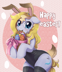 Size: 839x964 | Tagged: dead source, safe, artist:evomanaphy, oc, oc only, oc:evo, earth pony, pony, animated, basket, bunny ears, bunny suit, clothes, easter, easter basket, easter egg, female, freckles, holiday, leotard, looking at you, mare, smiling, stockings, thigh highs