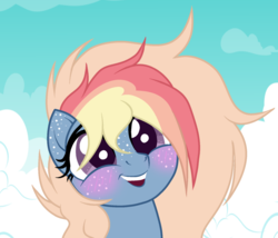 Size: 1024x876 | Tagged: safe, artist:mintoria, oc, oc only, oc:comet dust, pony, base used, blushing, bust, cloud, female, freckles, mare, movie accurate, rainbow hair, solo