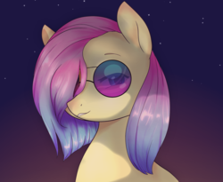 Size: 2750x2250 | Tagged: safe, artist:magiak416, fluttershy, pegasus, pony, g4, alternate hair color, alternate hairstyle, bust, female, glasses, gradient hair, hair over one eye, high res, looking at you, mare, night, portrait, smiling, solo