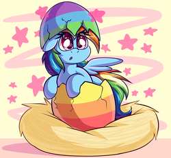 Size: 3022x2787 | Tagged: safe, artist:graphene, rainbow dash, pony, g4, cute, daaaaaaaaaaaw, dashabetes, easter, easter egg, egghead, egghead dash, female, hatching, high res, holiday, looking up, mare, nest, open mouth, pun, solo, starry eyes, stars, visual pun, wingding eyes