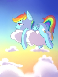 Size: 1500x2000 | Tagged: safe, artist:magiak416, rainbow dash, pegasus, pony, g4, cloud, female, folded wings, lidded eyes, looking away, mare, morning ponies, on a cloud, profile, prone, sky, sleepy, solo