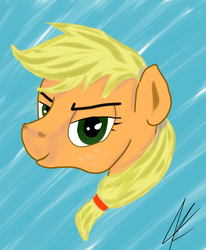 Size: 1233x1493 | Tagged: safe, artist:lunfromluna, derpibooru exclusive, applejack, earth pony, pony, g4, abstract background, bust, female, lidded eyes, looking at you, mare, portrait, signature, smiling, solo