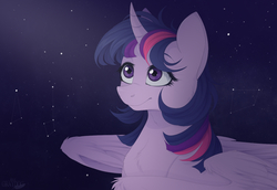 Size: 1400x961 | Tagged: safe, artist:mrgdog, twilight sparkle, alicorn, pony, g4, bust, female, looking away, looking up, mare, night, portrait, smiling, solo, stars, twilight sparkle (alicorn), wings