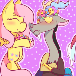 Size: 3150x3150 | Tagged: safe, artist:papersquid26, discord, fluttershy, draconequus, pegasus, pony, g4, crossed arms, duo, female, floral head wreath, flower, high res, hoof hold, male, mare, ship:discoshy, shipping, straight, tsundere