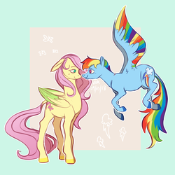 Size: 2895x2893 | Tagged: safe, artist:roscoethepotatoman, fluttershy, rainbow dash, pegasus, pony, g4, abstract background, boop, colored hooves, colored wings, colored wingtips, eye contact, female, high res, lesbian, looking at each other, mare, multicolored wings, noseboop, rainbow wings, ship:flutterdash, shipping, smiling