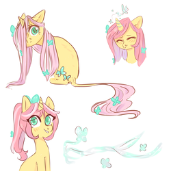 Size: 2000x2000 | Tagged: safe, artist:rinhedeaki, fluttershy, pony, unicorn, g4, female, fluttershy (g5 concept leak), g5 concept leak style, g5 concept leaks, hair over one eye, high res, looking at you, looking back, looking back at you, mare, simple background, sitting, solo, unicorn fluttershy, white background