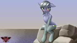 Size: 3840x2160 | Tagged: safe, alternate version, artist:tsaritsaluna, limestone pie, earth pony, semi-anthro, g4, blushing, clothes, evening gloves, female, floppy ears, gloves, high res, long gloves, looking at you, mare, ocean, rock, signature, sitting, socks, solo, water