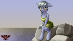 Size: 3840x2160 | Tagged: safe, alternate version, artist:tsaritsaluna, limestone pie, earth pony, semi-anthro, g4, blushing, clothes, dress, female, floppy ears, high res, looking at you, mare, ocean, rock, signature, sitting, solo, water