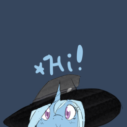 Size: 1000x1000 | Tagged: safe, artist:thattagen, trixie, pony, unicorn, g4, :>, blue background, cute, diatrixes, female, hat, hi, horn, looking at you, mare, peeking, simple background, smiling, solo, text, witch hat